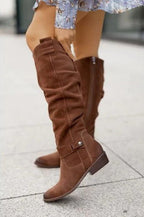 Damen kniehohe flache Stiefel mit Seitenreißverschluss