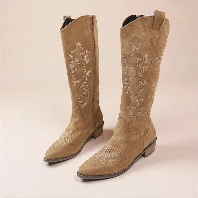 Damen kniehohe Cowboystiefel mit gestickten Details und bequemer Passform
