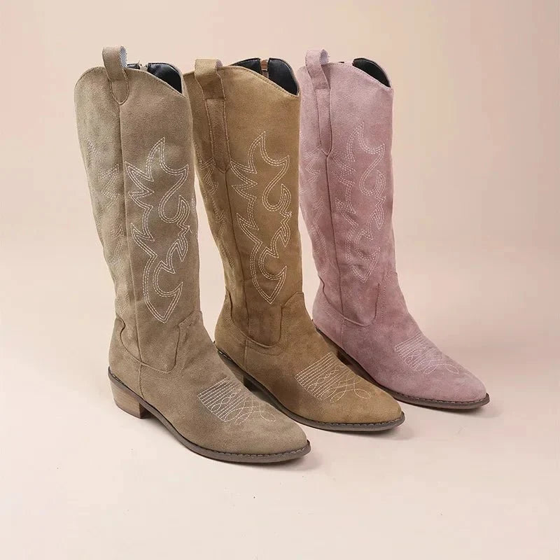 Damen kniehohe Cowboystiefel mit gestickten Details und bequemer Passform