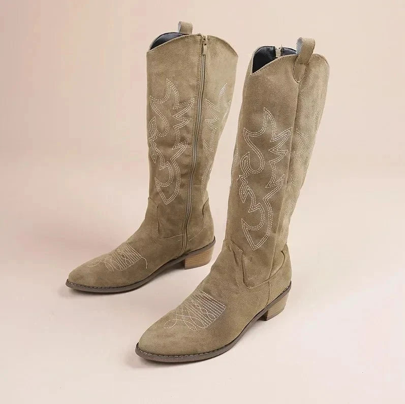 Damen kniehohe Cowboystiefel mit gestickten Details und bequemer Passform