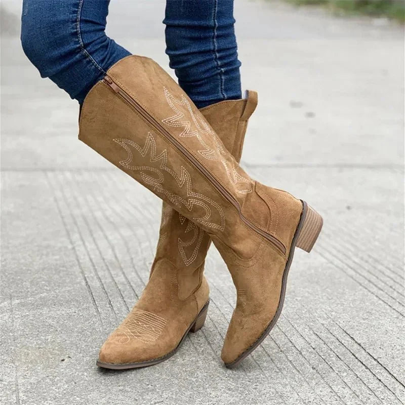Damen kniehohe Cowboystiefel mit gestickten Details und bequemer Passform