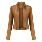 Damen kurze Bikerjacke aus Kunstleder mit Stehkragen und Reißverschlüssen