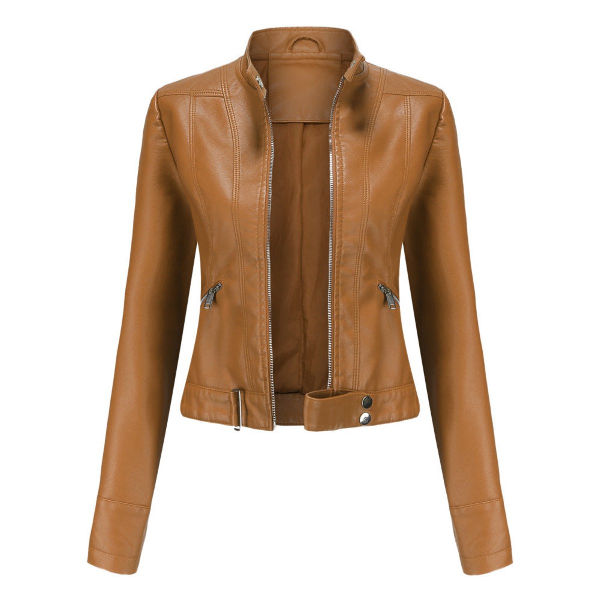 Damen kurze Bikerjacke aus Kunstleder mit Stehkragen und Reißverschlüssen