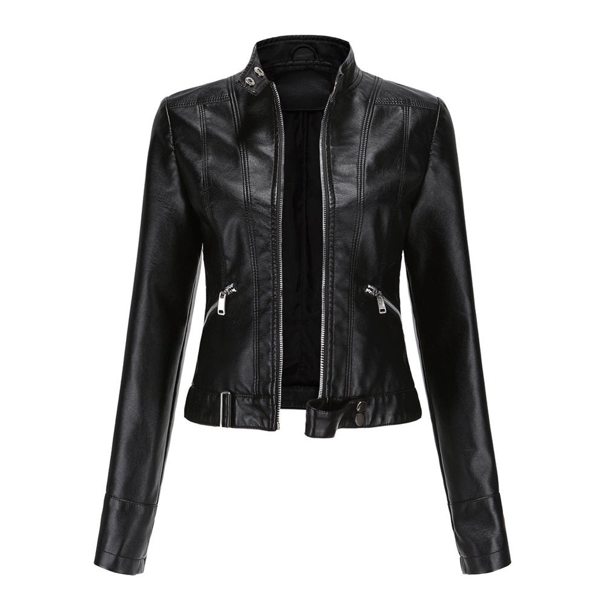Damen kurze Bikerjacke aus Kunstleder mit Stehkragen und Reißverschlüssen
