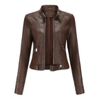 Damen kurze Bikerjacke aus Kunstleder mit Stehkragen und Reißverschlüssen