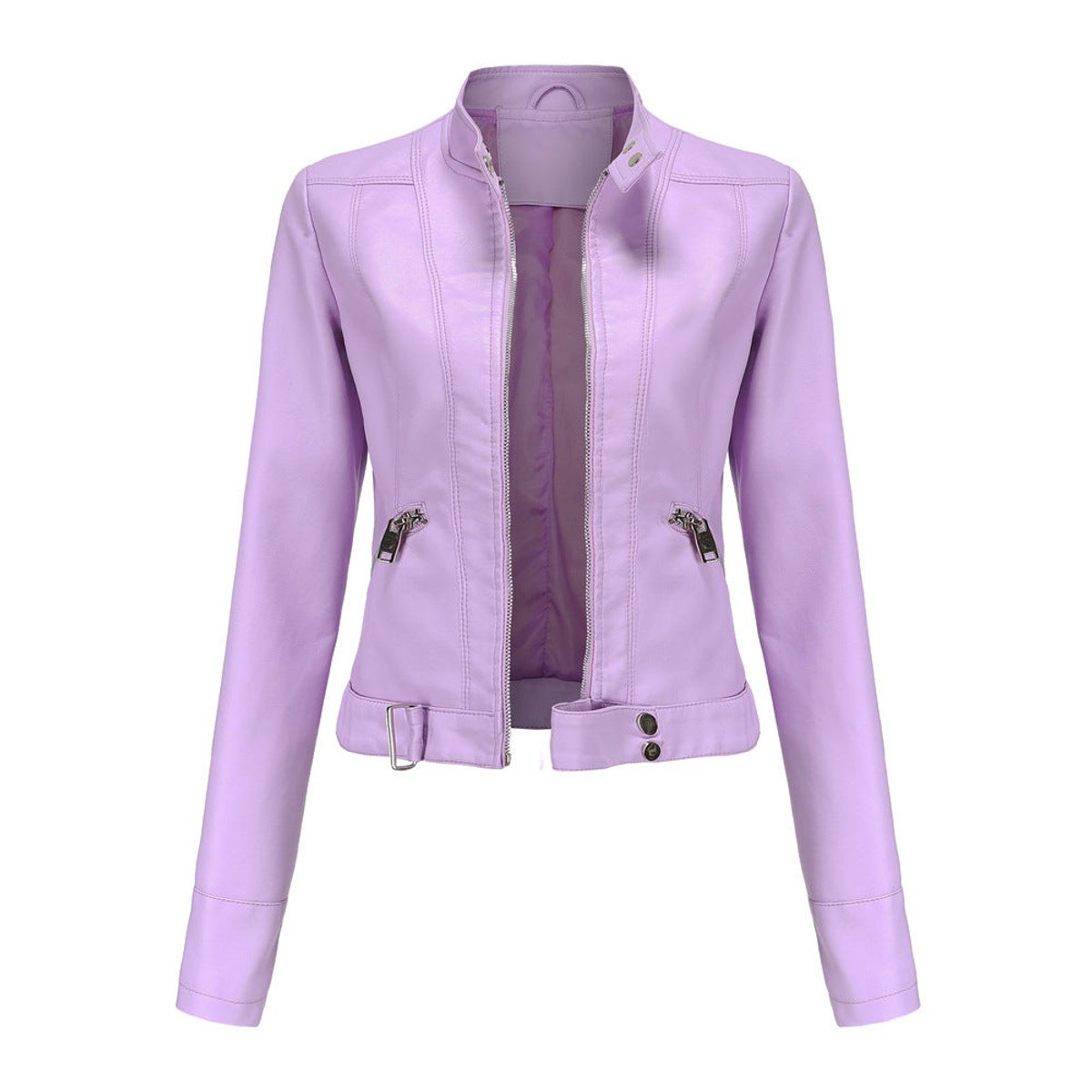 Damen kurze Bikerjacke aus Kunstleder mit Stehkragen und Reißverschlüssen