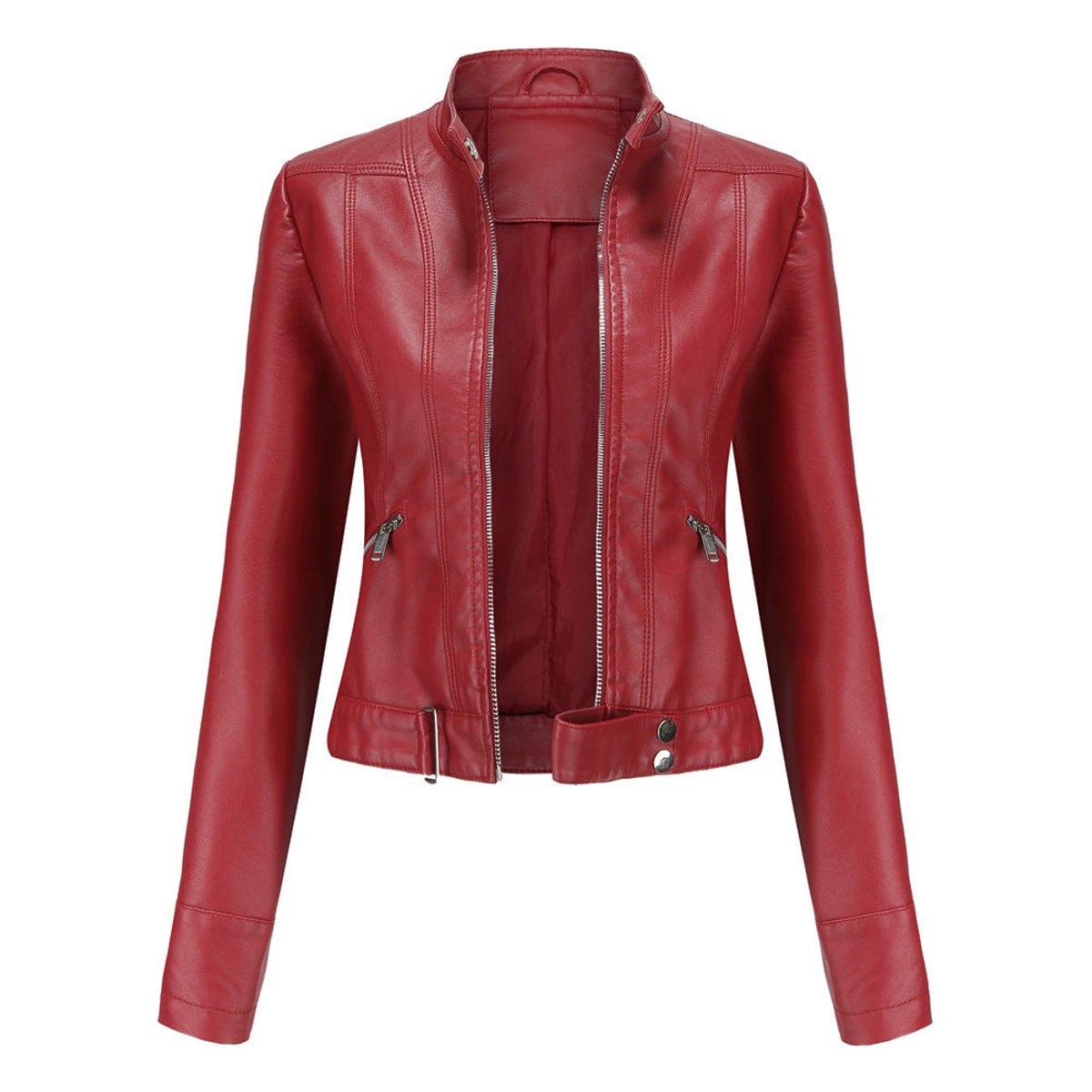 Damen kurze Bikerjacke aus Kunstleder mit Stehkragen und Reißverschlüssen
