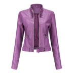 Damen kurze Bikerjacke aus Kunstleder mit Stehkragen und Reißverschlüssen