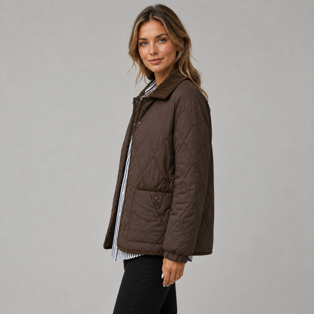 Damen Steppjacke mit Rautensteppung und Kontrastkragen – Leichte Übergangsjacke mit Taschen, Herbst Winter