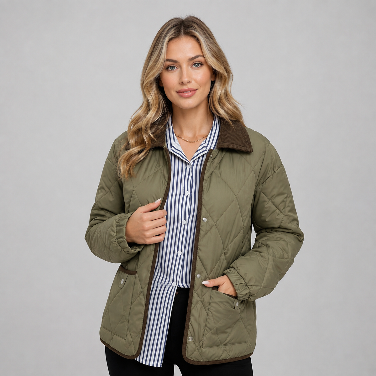 Damen Steppjacke mit Rautensteppung und Kontrastkragen – Leichte Übergangsjacke mit Taschen, Herbst Winter