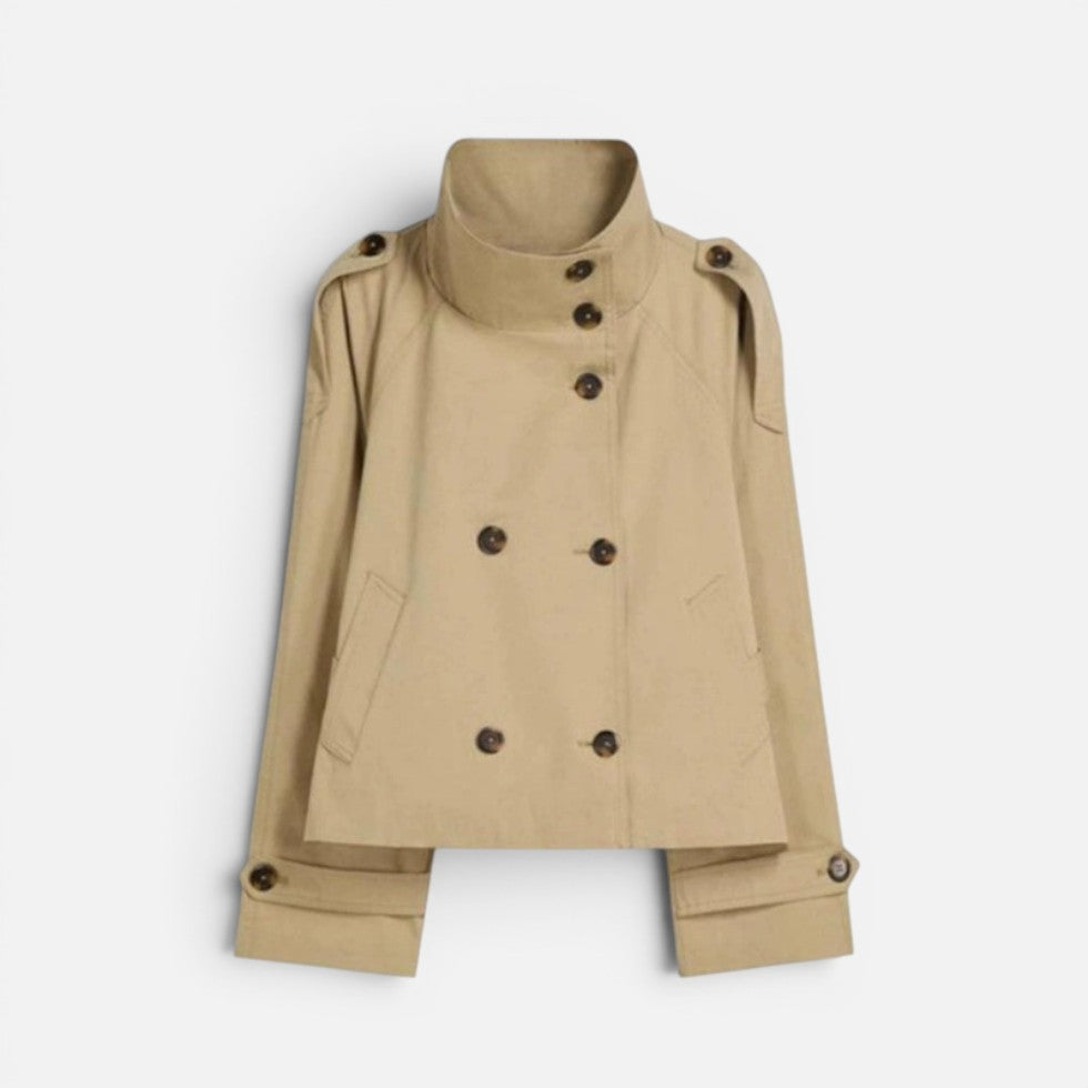 Damen kurze Trenchjacke mit hohem Kragen und Gürtel
