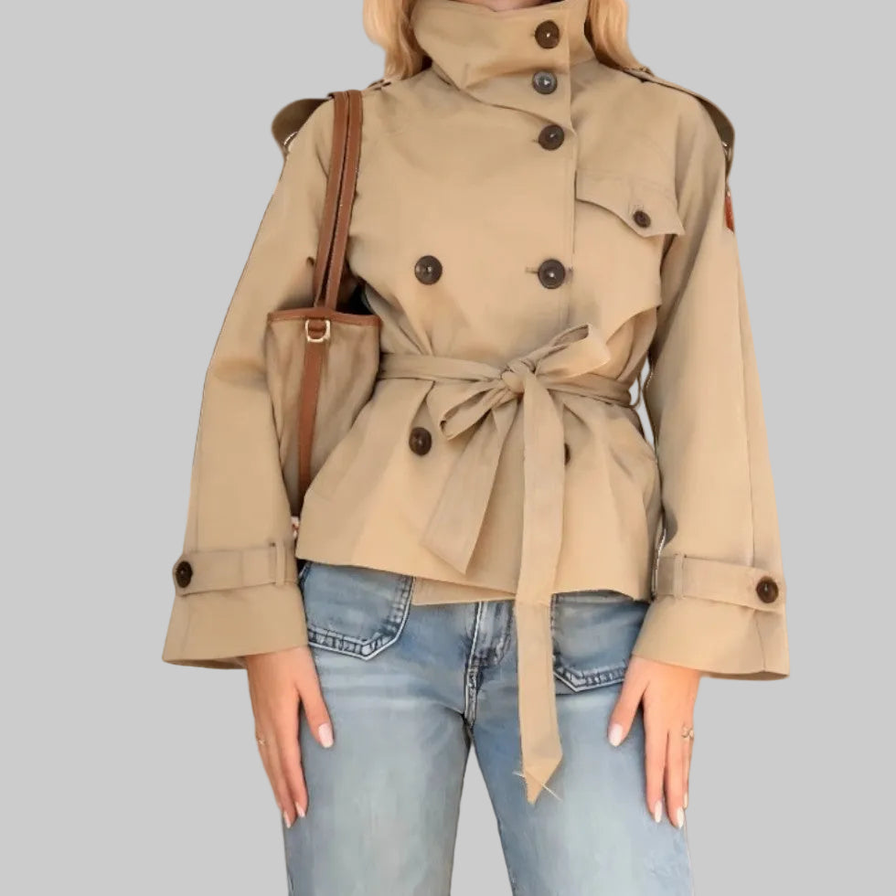 Damen kurze Trenchjacke mit hohem Kragen und Gürtel