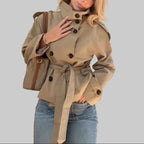 Damen kurze Trenchjacke mit hohem Kragen und Gürtel