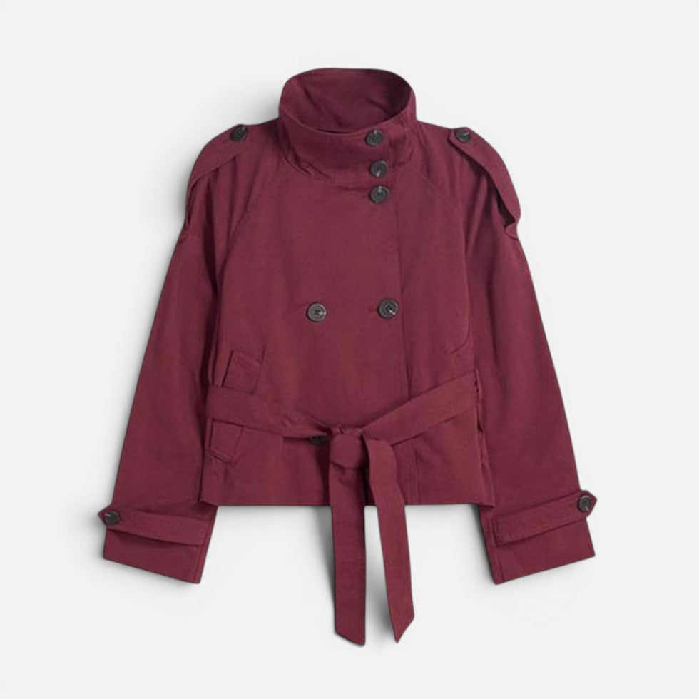 Damen kurze Trenchjacke mit hohem Kragen und Gürtel