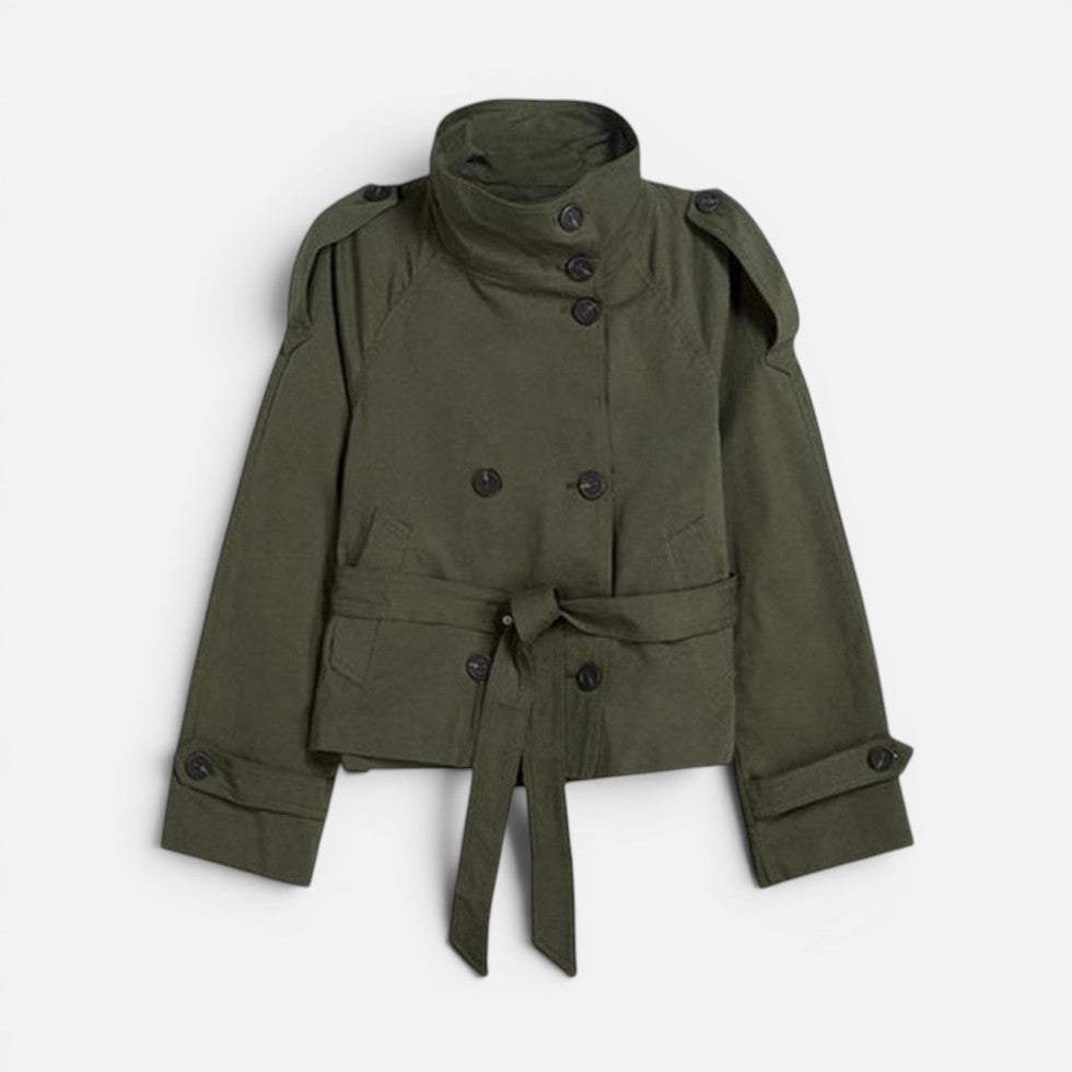Damen kurze Trenchjacke mit hohem Kragen und Gürtel