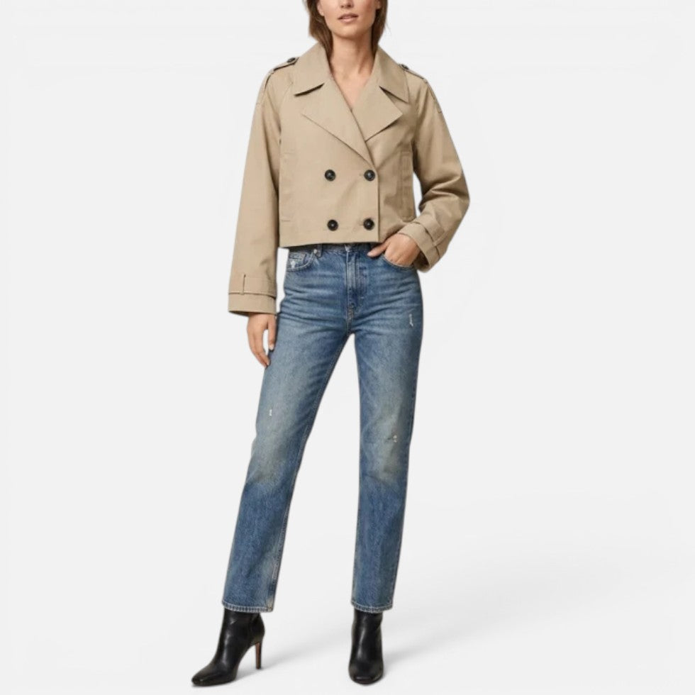 Damen kurze Trenchjacke mit zweireihigem Knopfverschluss