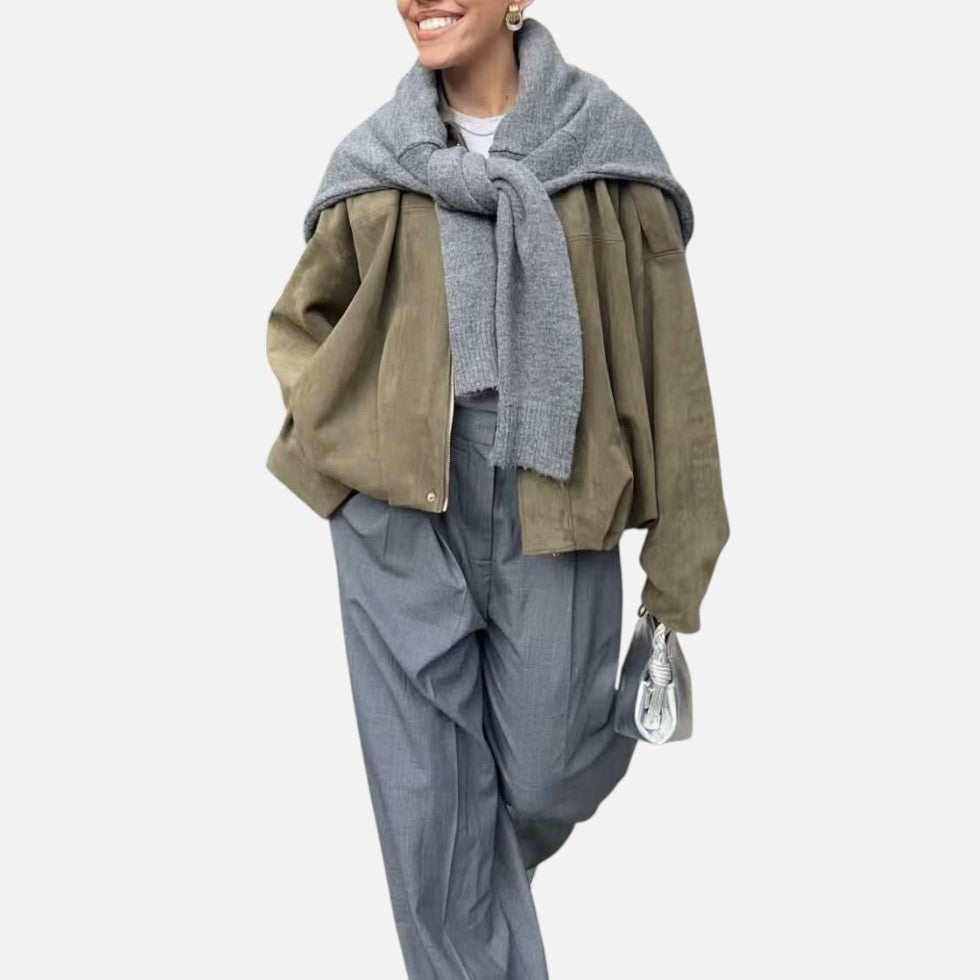 Damen kurze Übergangsjacke in Wildlederoptik mit Reißverschluss