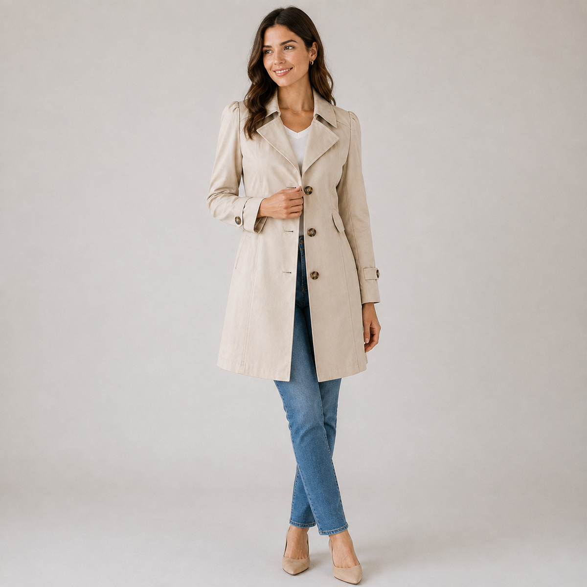 Damen Kurzer Trenchcoat – Taillierter Übergangsmantel mit Knopfleiste, Herbst