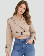 Damen kurzer taillierter Trenchcoat mit Doppelknopfleiste, Gürtel und strukturiertem Revers