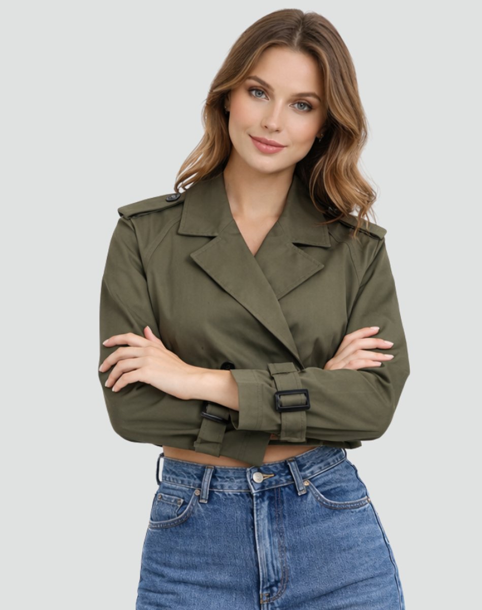Damen kurzer taillierter Trenchcoat mit Doppelknopfleiste, Gürtel und strukturiertem Revers