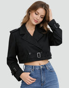 Damen kurzer taillierter Trenchcoat mit Doppelknopfleiste, Gürtel und strukturiertem Revers