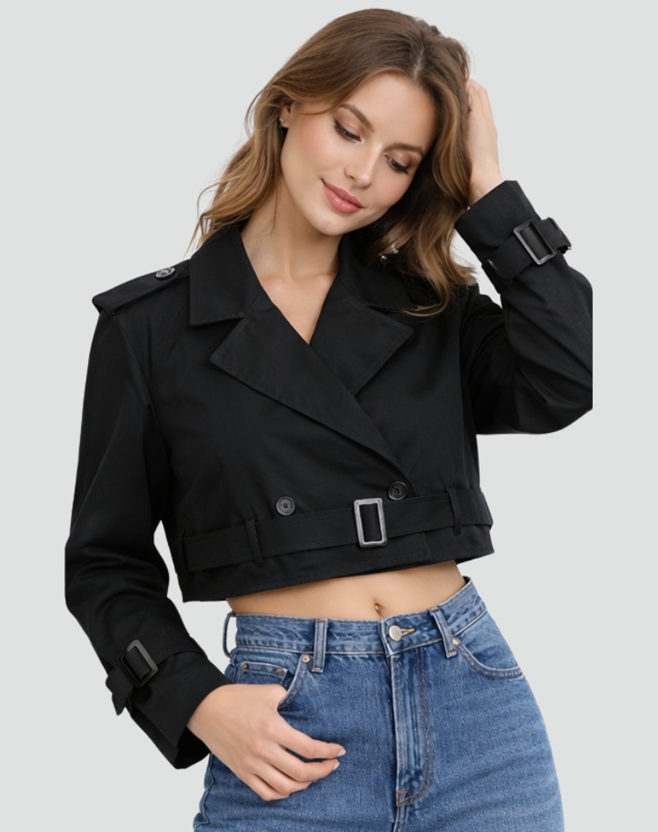 Damen kurzer taillierter Trenchcoat mit Doppelknopfleiste, Gürtel und strukturiertem Revers