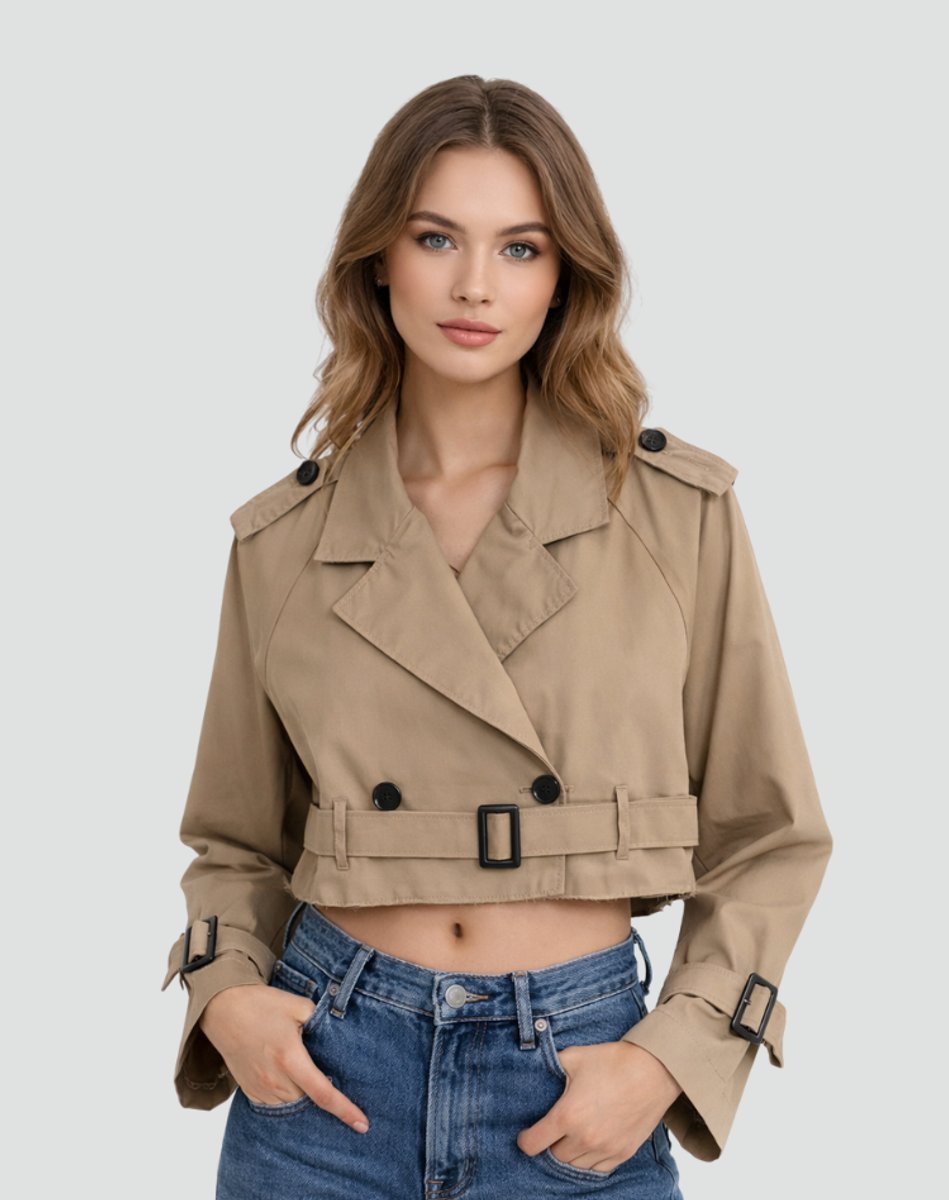 Damen kurzer taillierter Trenchcoat mit Doppelknopfleiste, Gürtel und strukturiertem Revers