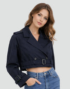 Damen kurzer taillierter Trenchcoat mit Doppelknopfleiste, Gürtel und strukturiertem Revers