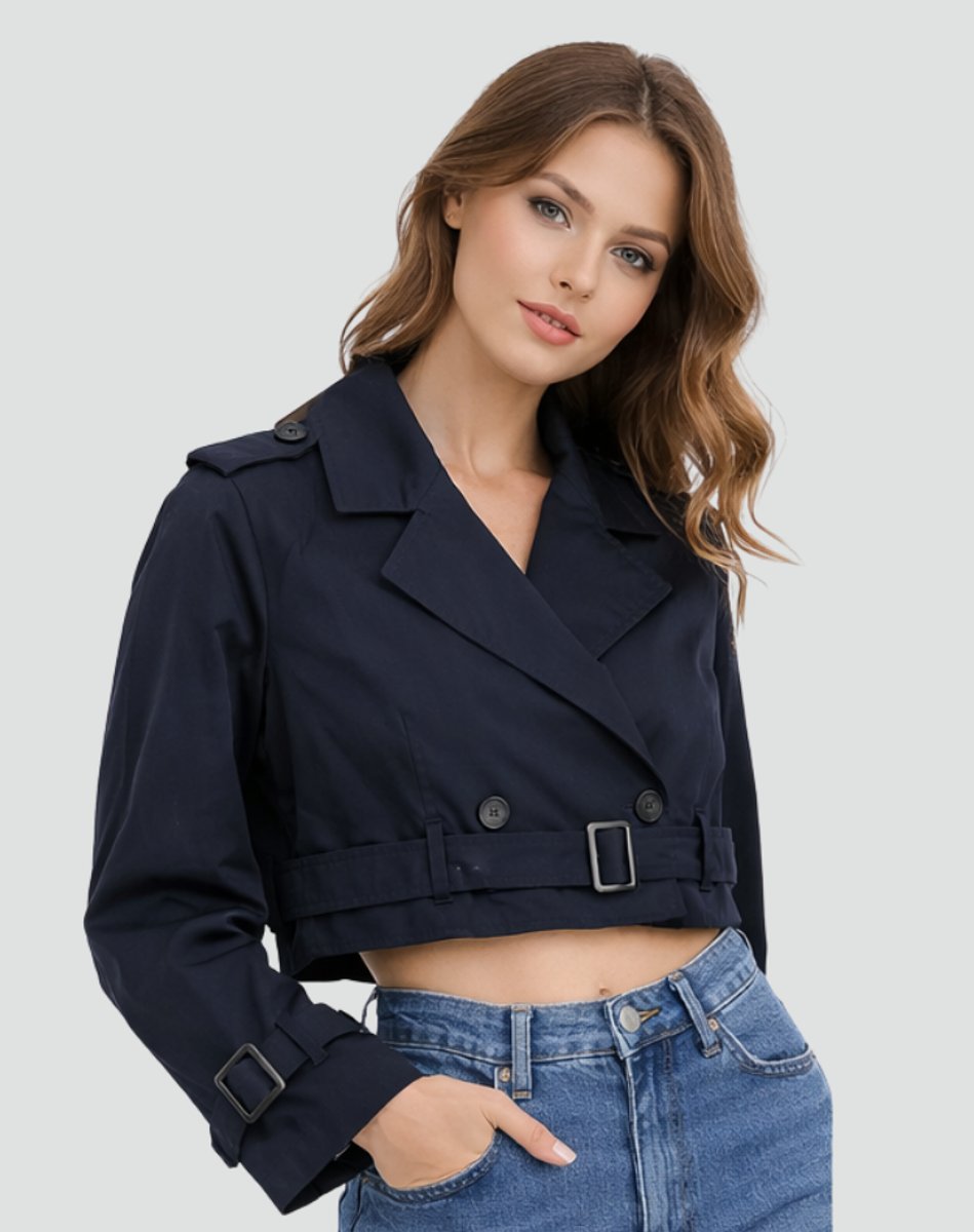 Damen kurzer taillierter Trenchcoat mit Doppelknopfleiste, Gürtel und strukturiertem Revers