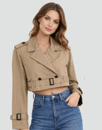 Damen kurzer taillierter Trenchcoat mit Doppelknopfleiste, Gürtel und strukturiertem Revers