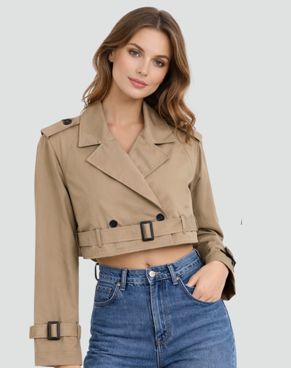 Damen kurzer taillierter Trenchcoat mit Doppelknopfleiste, Gürtel und strukturiertem Revers