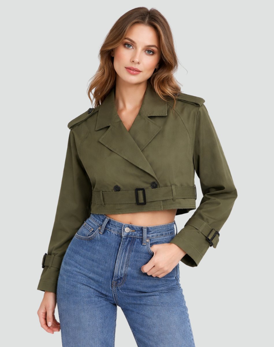 Damen kurzer taillierter Trenchcoat mit Doppelknopfleiste, Gürtel und strukturiertem Revers