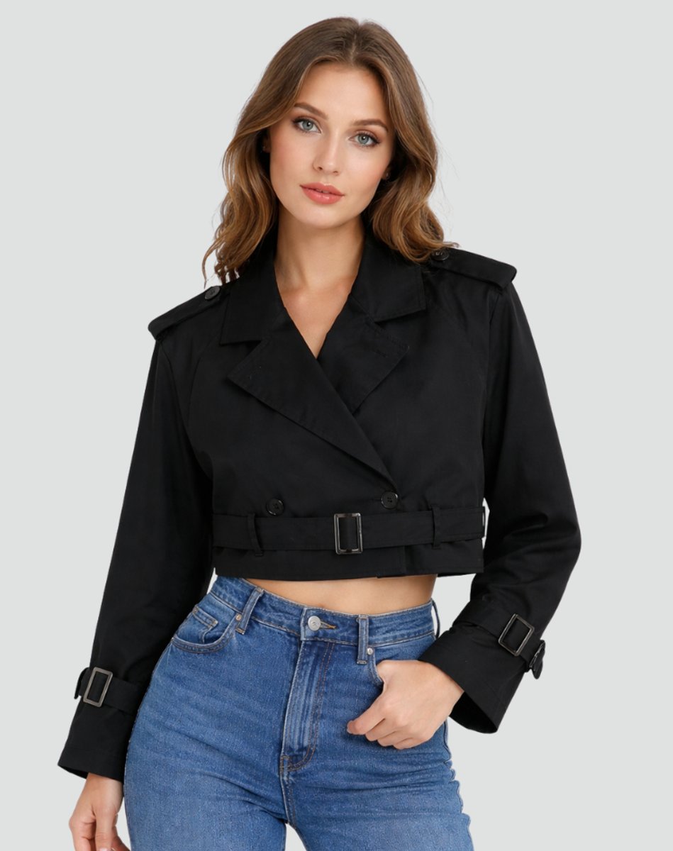 Damen kurzer taillierter Trenchcoat mit Doppelknopfleiste, Gürtel und strukturiertem Revers