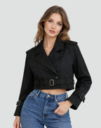 Damen kurzer taillierter Trenchcoat mit Doppelknopfleiste, Gürtel und strukturiertem Revers
