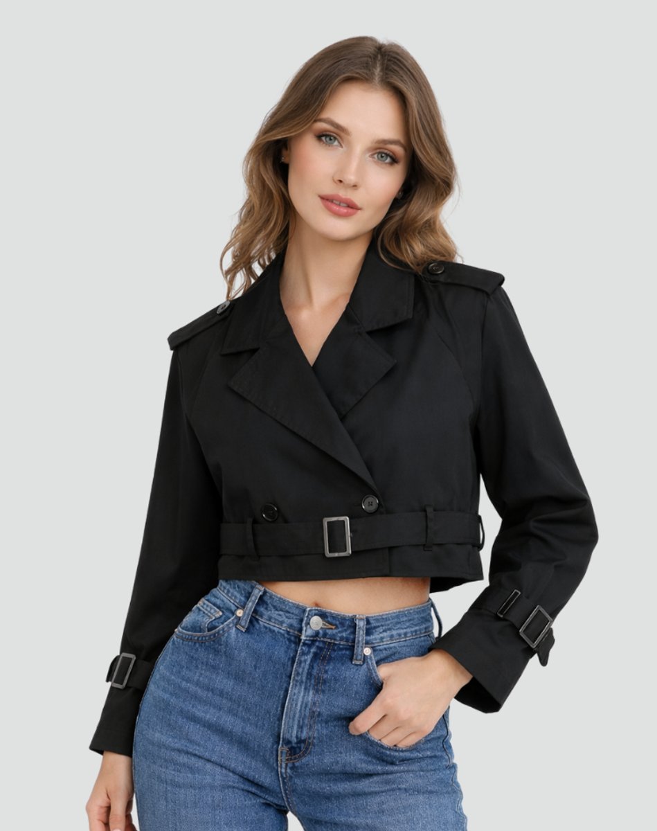 Damen kurzer taillierter Trenchcoat mit Doppelknopfleiste, Gürtel und strukturiertem Revers