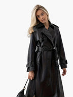 Damen langer Kunstleder-Trenchcoat mit Gürtel und tailliertem Schnitt