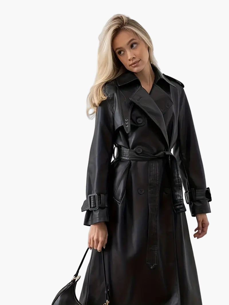 Damen langer Kunstleder-Trenchcoat mit Gürtel und tailliertem Schnitt