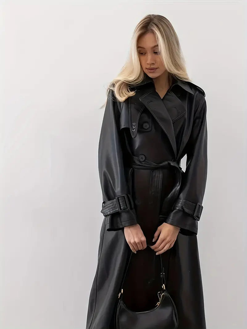Damen langer Kunstleder-Trenchcoat mit Gürtel und tailliertem Schnitt