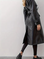 Damen langer Kunstleder-Trenchcoat mit Gürtel und tailliertem Schnitt
