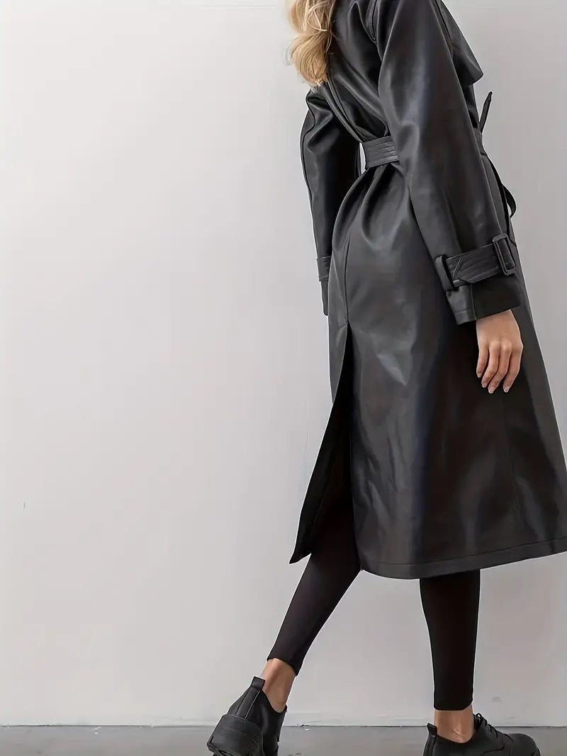 Damen langer Kunstleder-Trenchcoat mit Gürtel und tailliertem Schnitt
