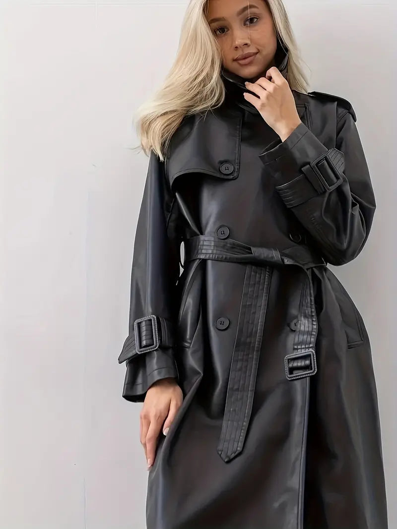 Damen langer Kunstleder-Trenchcoat mit Gürtel und tailliertem Schnitt