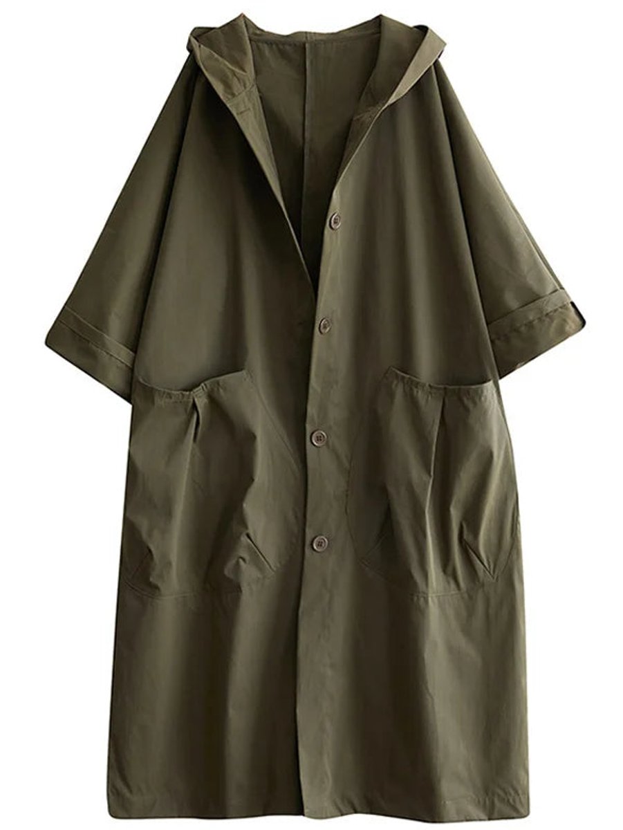 Damen langer Oversized-Kapuzen-Trenchcoat mit wasserabweisendem Material und aufgesetzten Taschen