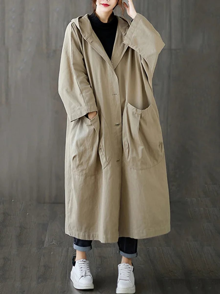 Damen langer Oversized-Kapuzen-Trenchcoat mit wasserabweisendem Material und aufgesetzten Taschen