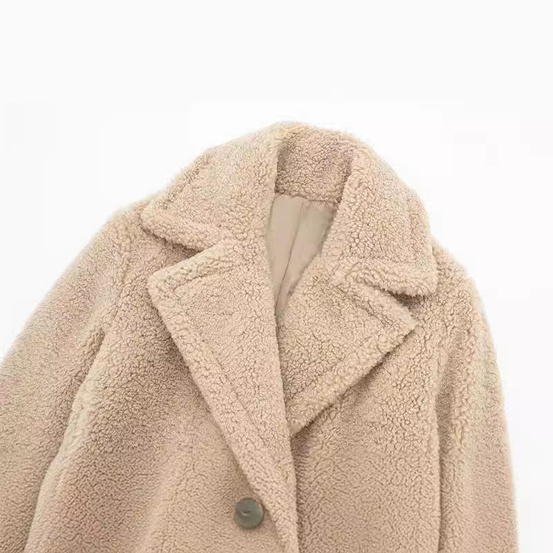Damen langer Teddy Mantel mit Reverskragen und zweireihigem Knopfverschluss