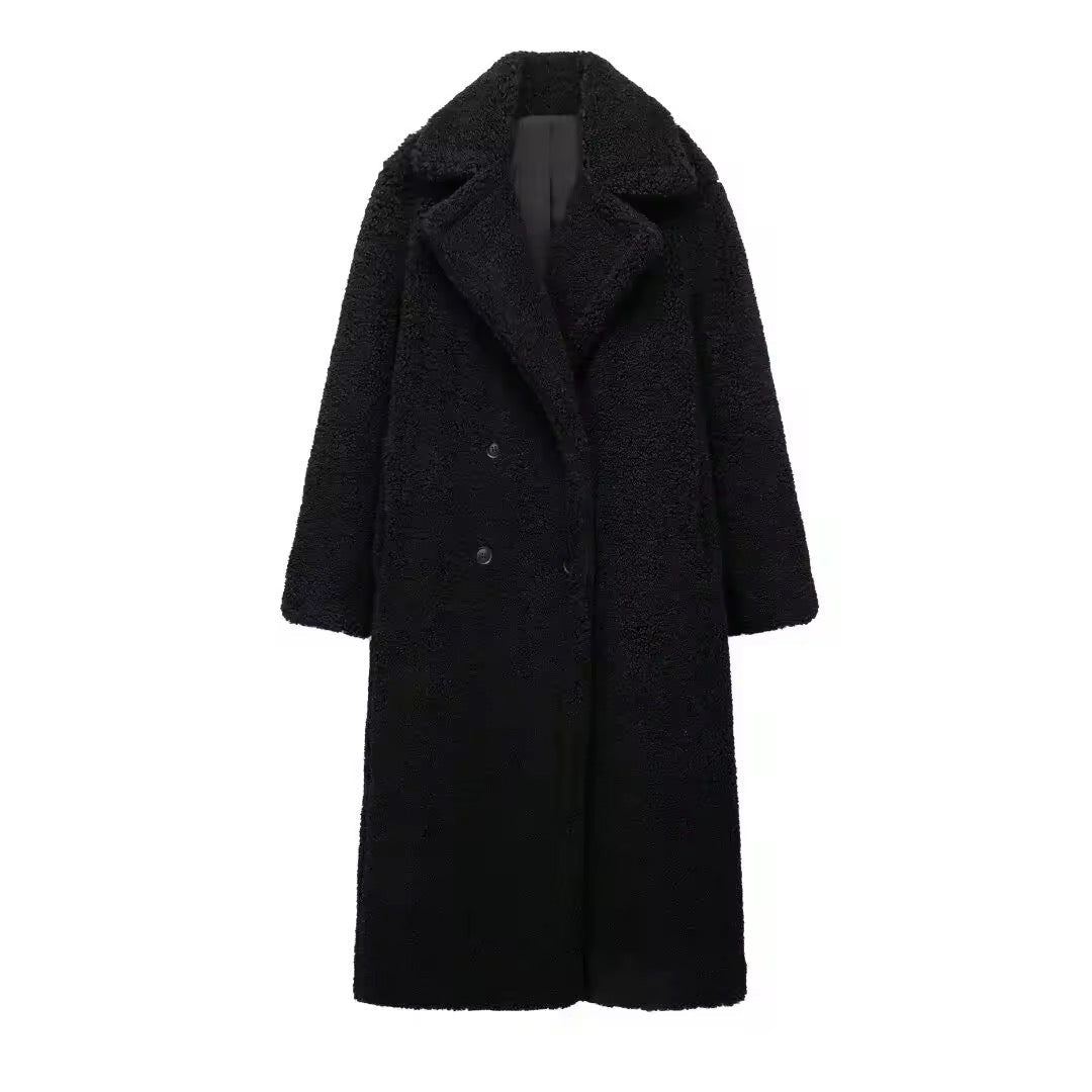 Damen langer Teddy Mantel mit Reverskragen und zweireihigem Knopfverschluss