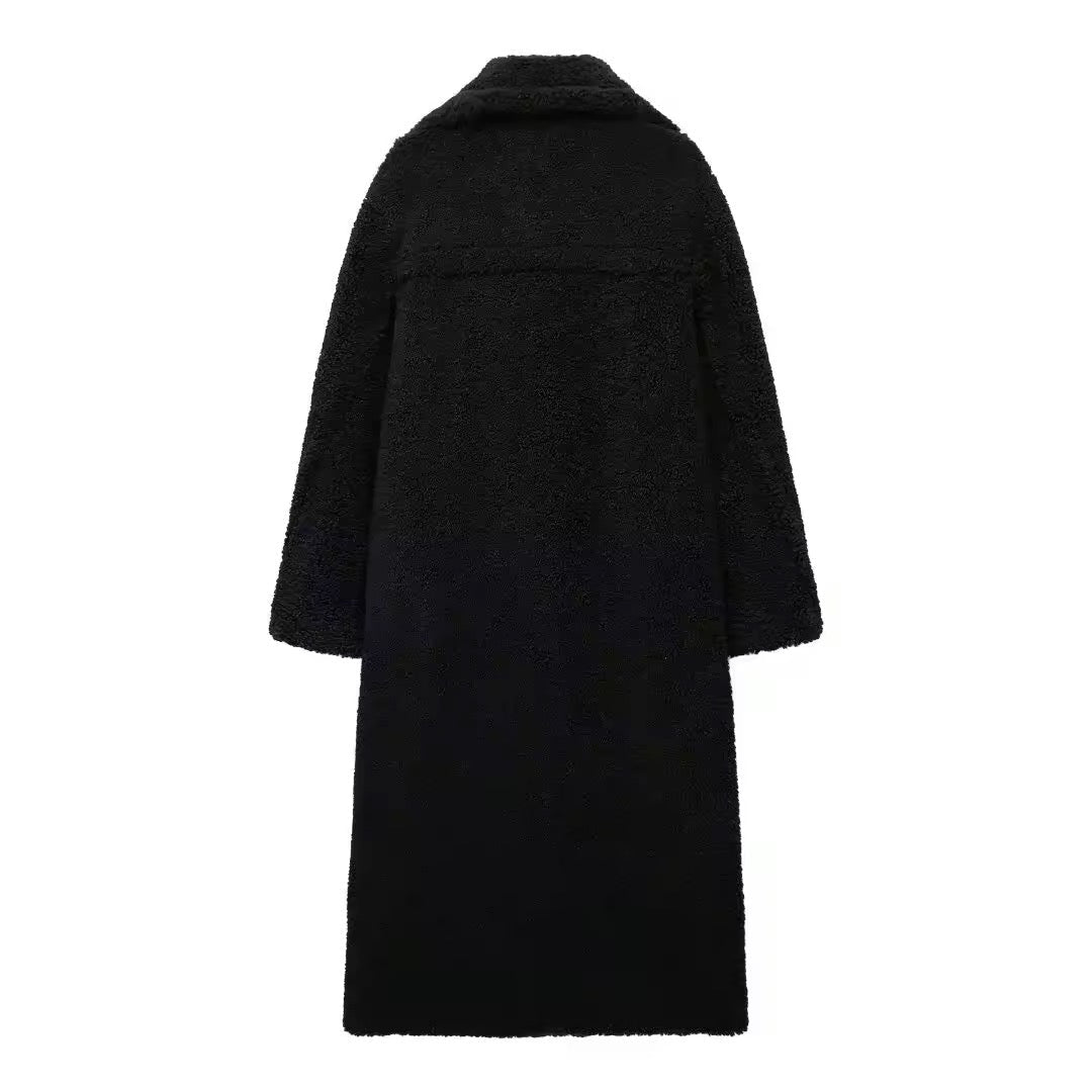 Damen langer Teddy Mantel mit Reverskragen und zweireihigem Knopfverschluss