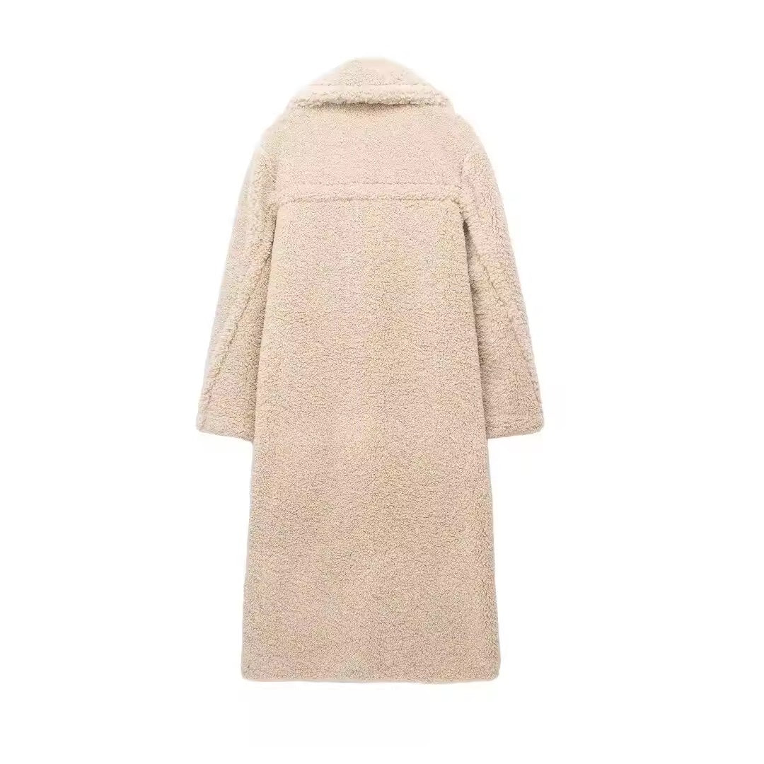 Damen langer Teddy Mantel mit Reverskragen und zweireihigem Knopfverschluss