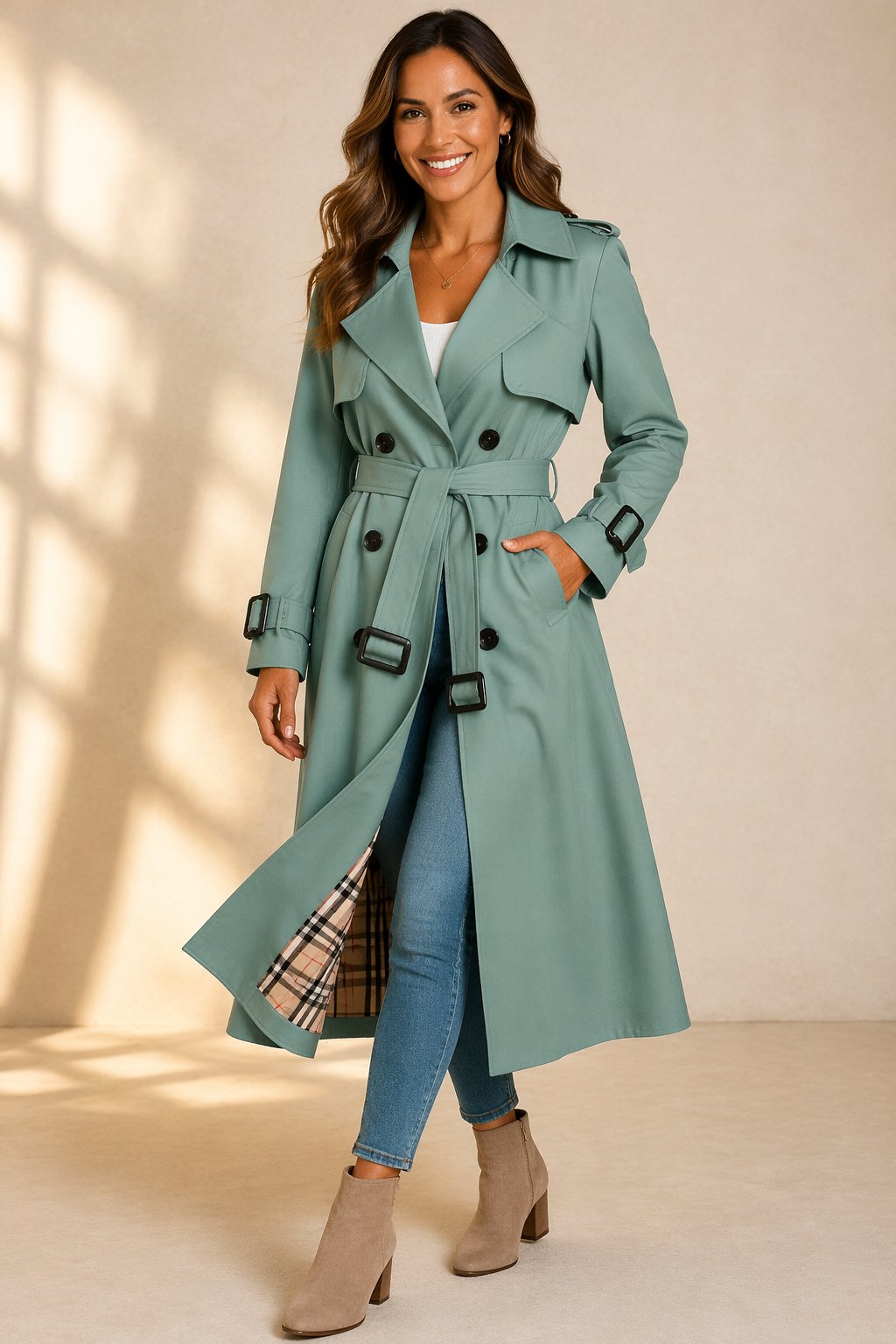 Damen langer Trenchcoat mit Zweireiher, Taillengürtel und kariertem Innenfutter