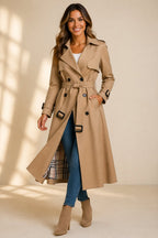 Damen langer Trenchcoat mit Zweireiher, Taillengürtel und kariertem Innenfutter