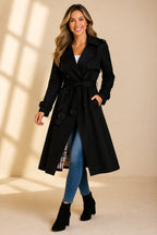 Damen langer Trenchcoat mit Zweireiher, Taillengürtel und kariertem Innenfutter